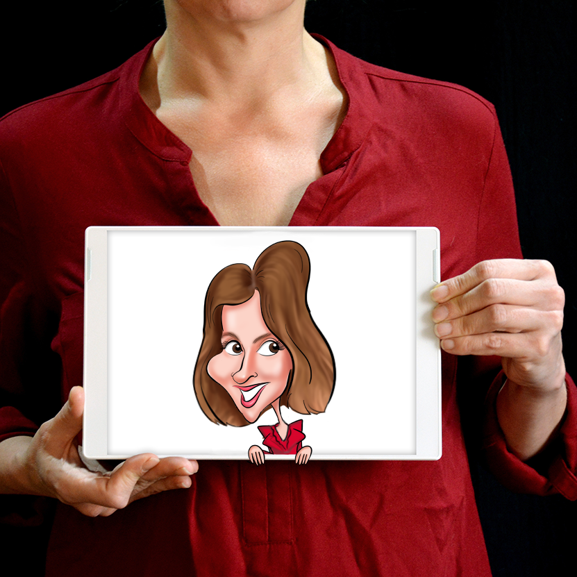 La caricature digitale est réalisée pendant un événement. Sur la caricature une jeune femme avec une chemise rouge. La personne tient la tablette graphique dans ses bras devant son corps. La présence d'un caricaturiste peut être une idée originale pour un événement (mariage, anniversaire, team-building, ...)