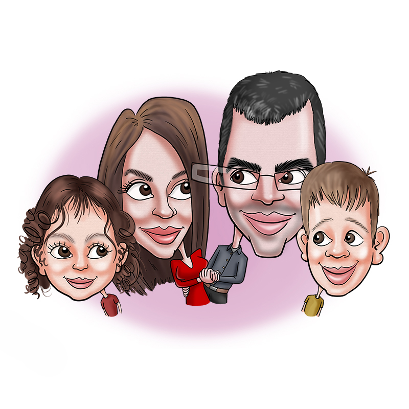Caricature d'une famille. Sur la caricature les parents sont avec leurs enfants.