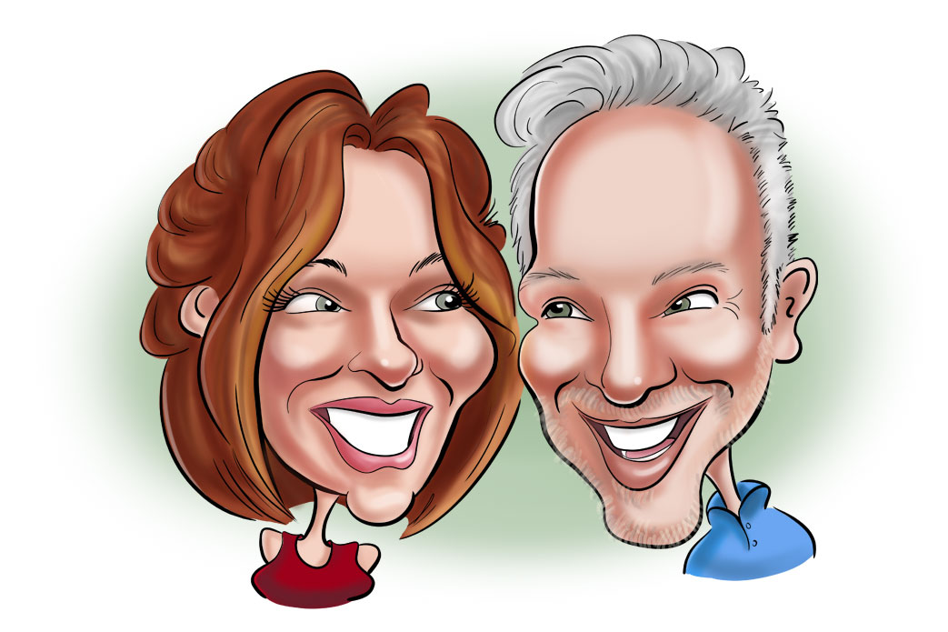 Caricature digitale en couleur d'un couple amoureux. La femme est à gauche et l'homme à droite. Ils rient tous les deux.