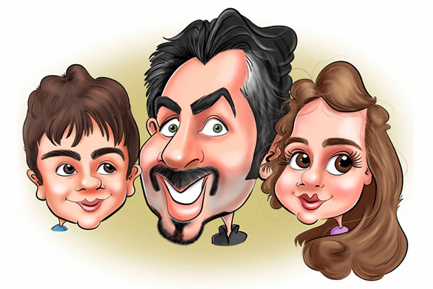 Caricature d'une famille. Le père avec sa moustache et ses enfants.