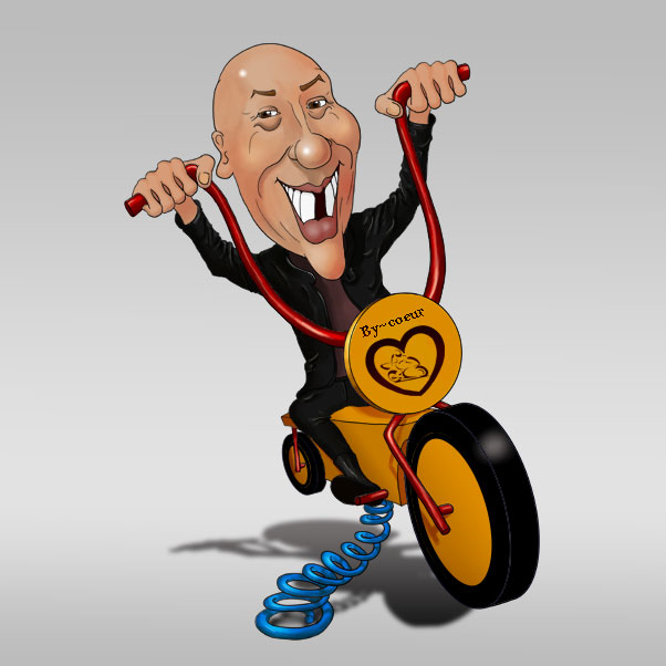 La caricature digitale en couleur d'un motocycliste (motard) sur une moto jouet avec ressort.